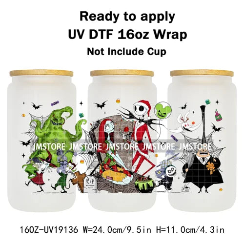 Horror Christmas Nightmare Character UV DTF Wrap Transfer Sticker Selfadhesive Waterproof High Quality For 16OZ Libbey Glass Can