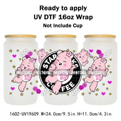 Cheerful Floral Hearts Cartoon Bears Clipart UV DTF Transfer Stickers Cup Tumbler Wrap For 16OZ Libbey Glass Bottle Cup Wraps