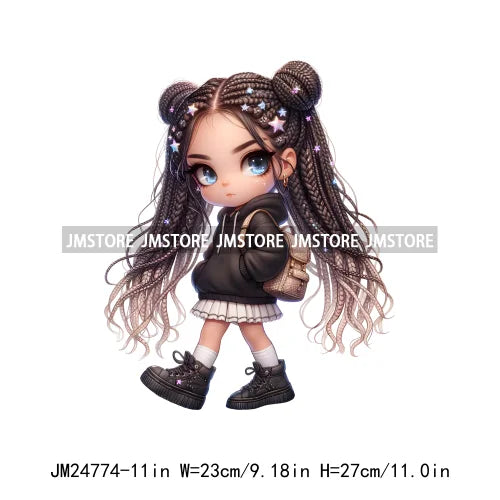 Washable Fashion Dreadlocks Cozy Casual School Chibi Girls Designs Iron On Heat Press DTF Transfer Stickers For Clothing Bags