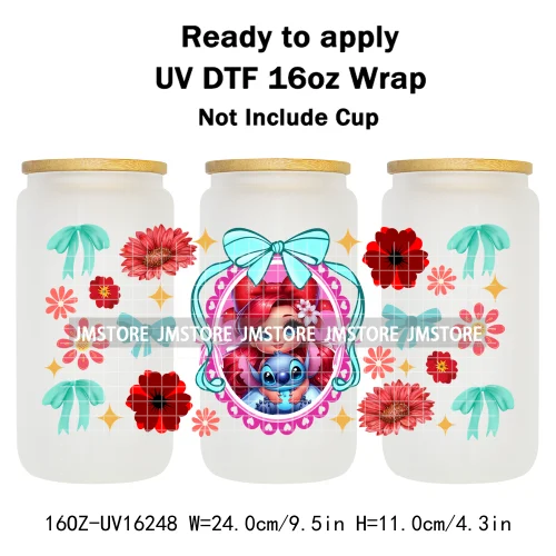 Floral Cartoon Princess Coquette Bow 16OZ UV DTF Cup Wrap Ready To Apply Waterproof Transfer Stickers For Libbey Glass Can Mugs