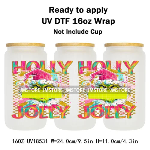 Coquette Bow Christmas Green Character UV DTF Stickers Ready To Apply Cup Wrap Custom Labels DIY Craft For Libbey Glass Can Mugs