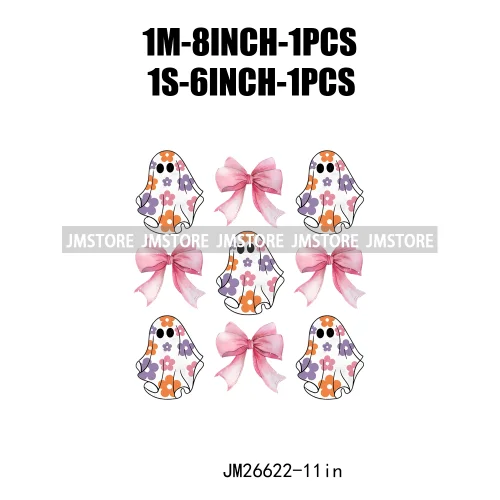 Colorful Halloween Spooky Season Cute Ghost Pumpkin Girly Coquette Bow DTF Iron On Transfers Stickers Ready To Press For T-shirt