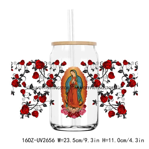 Mexico Faith Lady With Roses 16OZ UV DTF Cup Wrap Transfers Stickers Custom Labels DIY Waterproof Logo For Libbey Glass Can