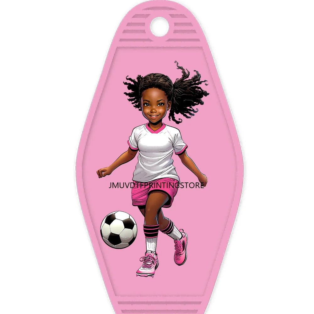 Sport Football Player High Quality WaterProof UV DTF Sticker For Motel Hotel Keychain Black Afro Girls