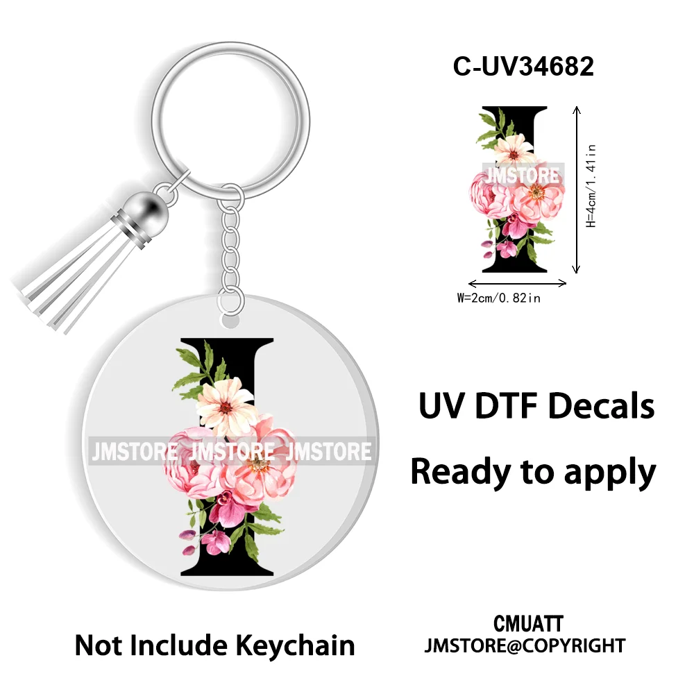 Floral Whole Entire Alphabet Flowers Black Letters Monogram WaterProof UV DTF Stickers For Round Circle Acrylic Keychain Keyring