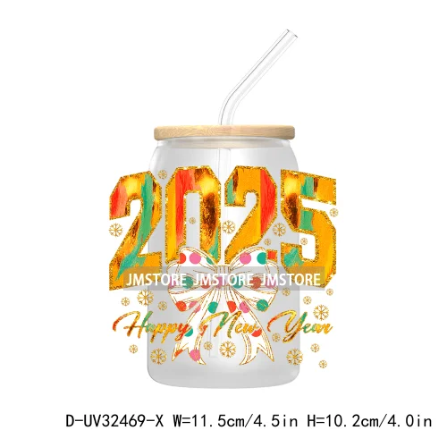 Retro Happy New Year 2025 Coquette Bow UV DTF Transfer Stickers Decals For Libbey Cold Cups Mugs Tumbler Waterproof Custom Logo