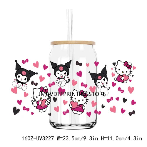 Cartoon Hello Girl Cat Valentine's Day UV DTF Sticker For 16OZ Libbey Glass Cup Can Wrap Transfer Sticker Custom Labels DIY Logo