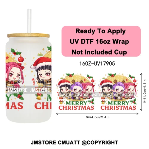 Merry Christmas Kpop Movie Character Anime Girl UV DTF Stickers Ready To Apply Cup Wrap High Quality For 16OZ Libbey Can Glass