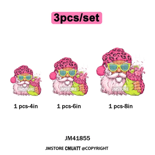 Pink Cartoon Glasses Coffee Drink Leopard Blowing Santa Claus Christmas Iron on DTF Transfer Stickers Ready to Press for T-shirt