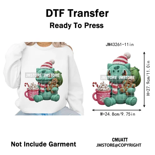 Hot Cocoa Coffee Lover Cartoon Faux Yarn Christmas Xmas Iron on Washable DTF Transfers Stickers Ready to Press for Sweatshirts