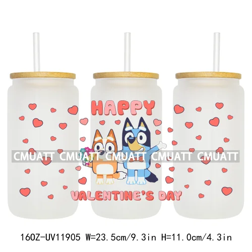 Cartoon Pink Sweet Happy Valentine‘s Day Kids Love Characters UV DTF Stickers Cup Wraps Logos For 16OZ Libbey Glass Can