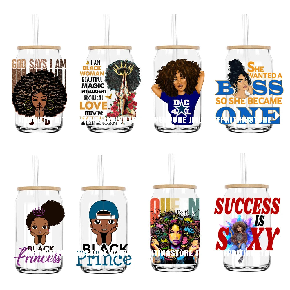 God Says I Am Black Queen Princess UV DTF Transfer Sticker Decal For Libbey Cold Cups Mugs Tumbler Waterproof DIY Logo Afro Girl