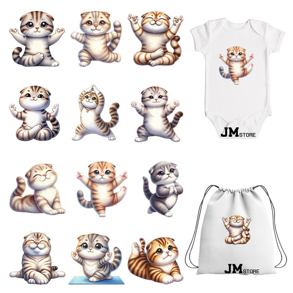15cm 5.9in Kids Yoga Kungfu Cat Iron On Transfer Stickers For Clothes DTF Printed Vinyl Thermal Appliques Washable T-Shirt Decal