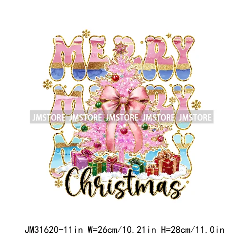 Merry And Bright Christmas Faux Gold Giltter Coquette Tree Gifts Girly Iron On DTF Transfer Stickers Ready To Press For Clothing