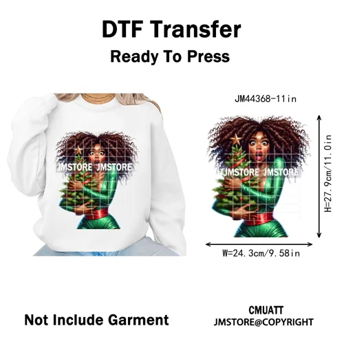 Funny Xmas Afro Glam Girly Gifts Holly Christmas Light Iron on Washable DTF Heat Transfers Stickers Ready to Press for Clothes