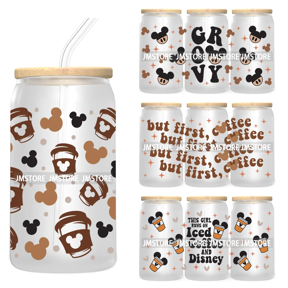 But First Coffee UV DTF Cup Wraps For 16OZ Libbey Glass Can Cups Tumbler Waterproof Labels Transfer Stickers Cartoon Mouse