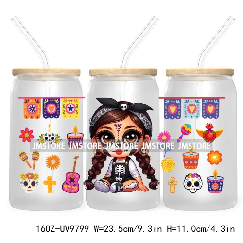 Day Of The Dead 16OZ UV DTF Cup Wrap Transfer Stickers Hispanic Chibi Baby Girl Custom Labels Waterproof For Libbey Glass Can