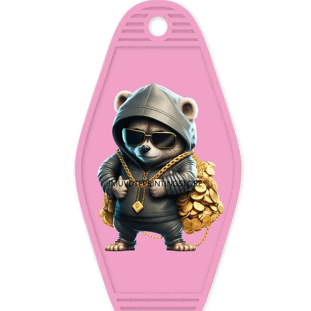 Cool Hustle Dog With Money High Quality WaterProof UV DTF Sticker For Motel Hotel Keychain Urban Street Teddy Bear