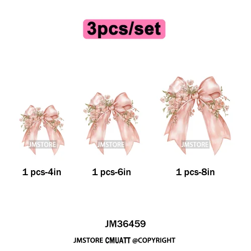 Pink Bow Silk Wedding Coquette Girl Ribbon Tied Printing Iron on DTF Thermal Transfers Stickers Ready to Press for Clothing Bags