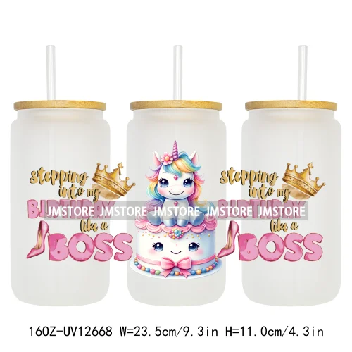 Unicorn Birthday Girl Gifts Coquette Bow Girly Princess 16OZ UV DTF Cup Wrap Transfer Stickers Waterproof For Libbey Glass Can