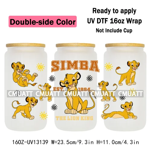 Double Side Color Cartoon Lion UV DTF Cup Wrap Transfer Stickers For 16oz Libbey Glass Beer Selfadhesive Waterproof Adhesive