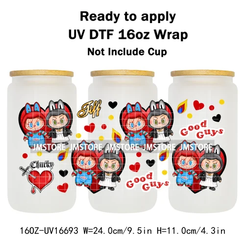 Laboo Cartoon Horror Halloween Characters 16OZ UV DTF Cup Wraps Ready To Apply Waterproof Transfer Stickers For Libbey Glass Can