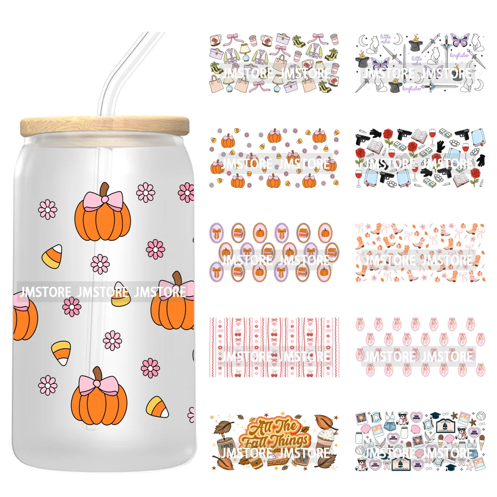 Coquette Bow Fall Autumn Pumpkins 16OZ UV DTF Cup Wraps Ready To Apply Waterproof Transfer Stickers For Libbey Glass Can Tumbler