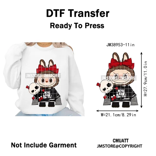 Coquette Bow Monster Doll Drinking Soda Bottle Thermal Printing Iron on DTF Washable Transfer Sticker Ready to Press for Clothes