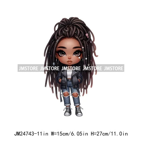 Dreadlocks Coffee Chibi Black Girls Pink Fashion African American Denim Girl Iron On DTF Heat Press Transfer Stickers For Shirts