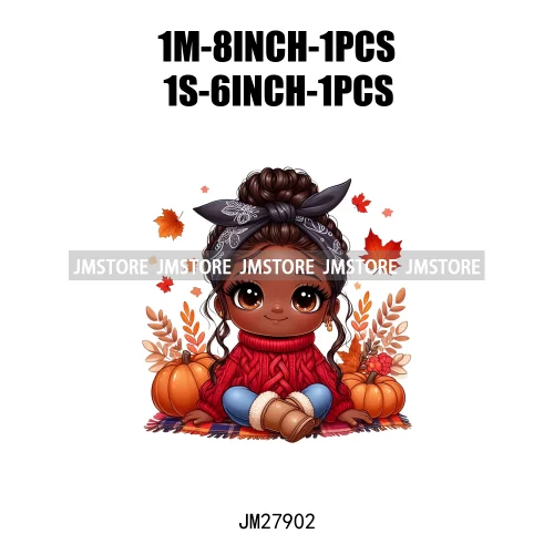 New Autumn Chibi Black Baby Girls Cartoon Afro Princess Pumpkin Fall Season DTF Iron On Heat Press Transfer Stickers For Hoodies