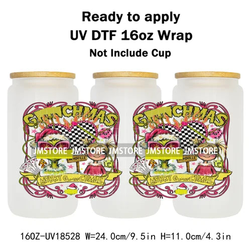 Coquette Bow Christmas Green Character UV DTF Stickers Ready To Apply Cup Wrap Custom Labels DIY Craft For Libbey Glass Can Mugs