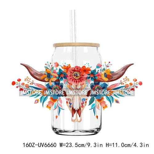 Boho Western Country Cowboy Skull Vibes UV DTF Sticker For 16OZ Libbey Glass Cup Can Wrap Transfer Sticker Custom Label DIY Logo