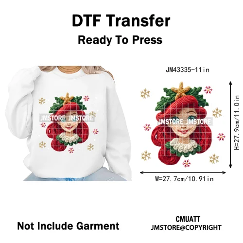 Cute Faux Knitting Yarn Princess Cartoon Character Christmas Holiday Iron on DTF Transfers Stickers Ready to Press for Hoodies
