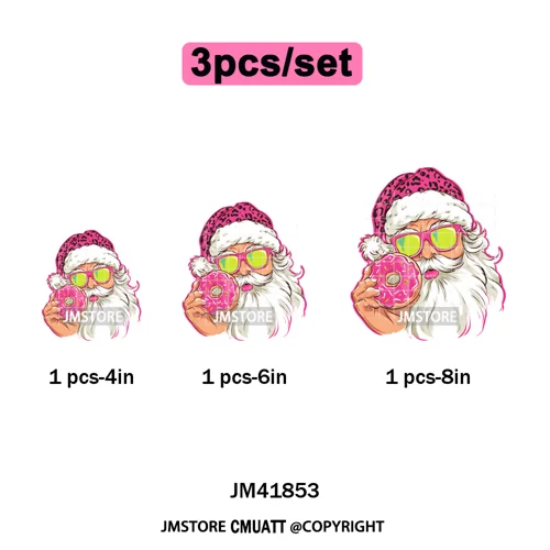 Pink Cartoon Glasses Coffee Drink Leopard Blowing Santa Claus Christmas Iron on DTF Transfer Stickers Ready to Press for T-shirt