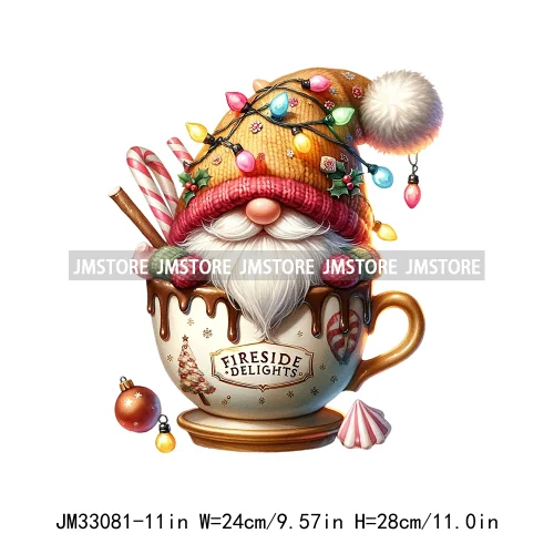 Funny Hot Cocoa Cup Festive Gnomes Wishes Candy Merry Christmas Iron On DTF Transfers Stickers Ready To Press For Sweatshirts