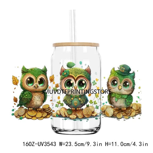 Green St. Patrick's Day UV DTF Sticker For 16OZ Libbey Glass Cup Can Lucky Shamrock Wrap Transfer Sticker Custom Labels DIY Logo