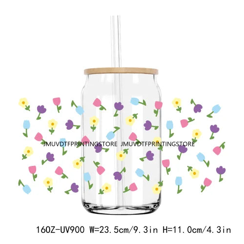 Colorful Wild Floral Flowers 16OZ UV DTF Cup Wrap Transfers Stickers Custom Labels DIY Waterproof Logo For Libbey Glass Can