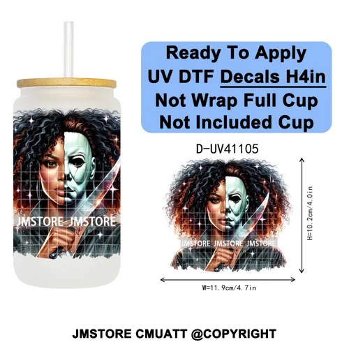 Scary Movie Character Afro Girls Halloween UV DTF Transfer Stickers Decals Ready To Apply Waterproof For 16OZ Libbey Glass Can