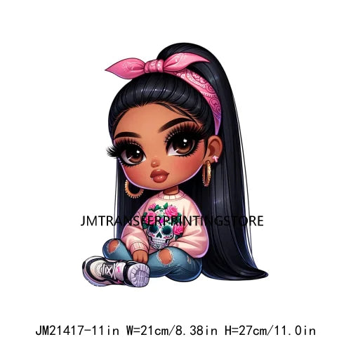 Pink Bow Long Hair Chibi Cute Chicana Doll Girls With Earing Washable Iron On DTF Transfers Stickers Designs For Sweatshirt