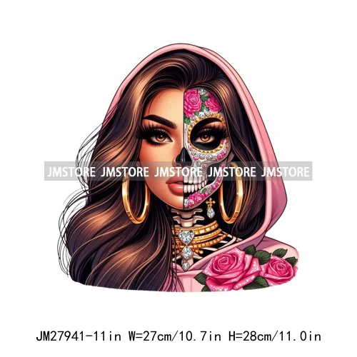 Raninbow Diamond Glamor Latina Skeleton Woman Rose Chicana  Earing Girls DTF Iron On Heat Press Transfer Stickers For Clothes