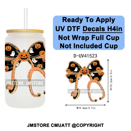 Spooky Highland Cow Halloween Ghosts Pumpkin UV DTF Decals Ready To Apply Waterproof Transfer Stickers For 16OZ Libbey Glass Can