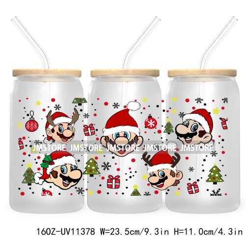 Cute Kids Cartoon Character With Christmas Lights Tree Xmas Holiday UV DTF Transfer 16OZ Libbey Glass Can Wrap Ready to Apply