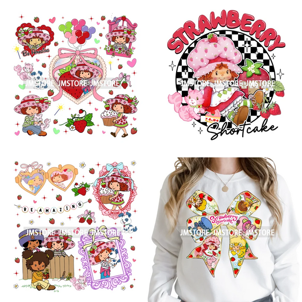 Sweet Strawberry Friends 80s Girl Cartoon Pink Coquette Bows Iron on DTF Washable Transfers Stickers Ready to Press for Clothing