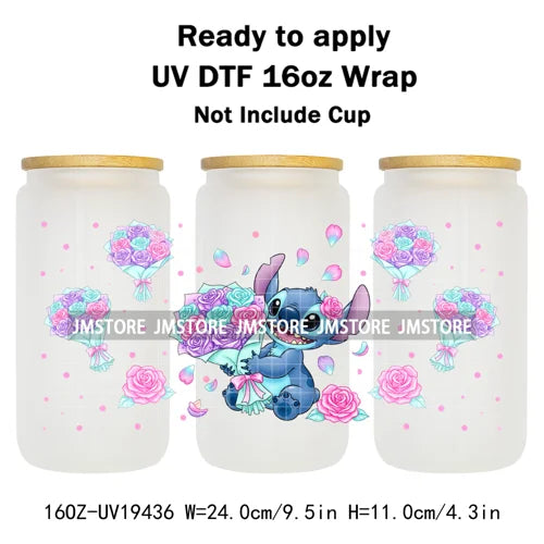 Cartoon Holding Bouquet Flowers UV DTF Cup Wrap Ready To Apply Transfer Stickers Durable 16OZ Tumbler Wraps For Libbey Glass Can