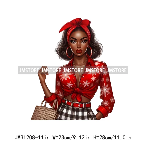 Fashion Santa Afro Black Woman Merry Christmas Girly Winter Iron On DTF Transfers Stickers Printing Ready To Press For Clothing