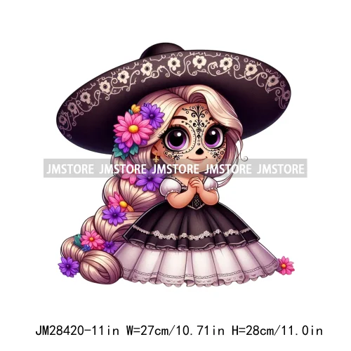 Colorful Day Of The Dead Catrina Princess Baby Girl Sombrero Hat Mexico Conchas Iron On DTF Heat Transfers Stickers For Clothing