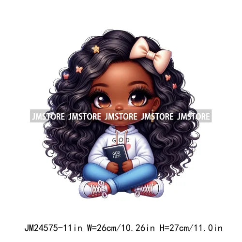 Cute God First Chibi Black Baby Girl Afro Magic Kids Coffee Woman Iron On DTF Transfer Stickers Ready To Press For Clothes Bags