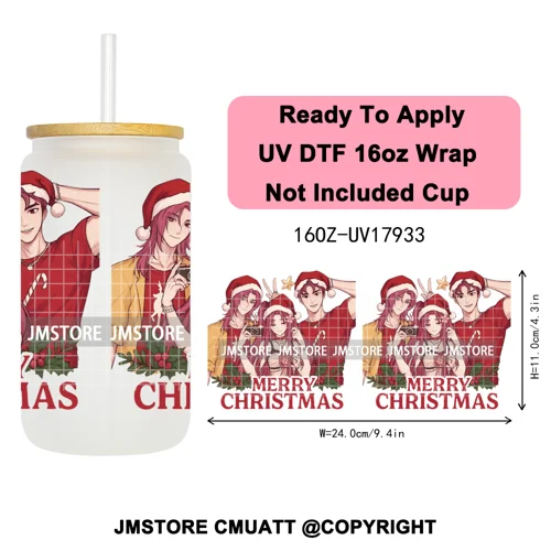 Kpop Demon Inspired Movie Christmas Santa Hat 16OZ UV DTF Cup Wrap Ready To Apply Durable Transfer Stickers For Libbey Glass Can