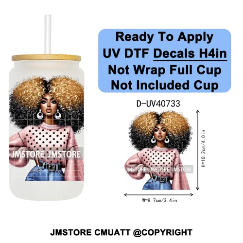 Big Hair Fashionable Black Girl UV DTF Decals Ready To Apply Waterproof Transfer Stickers DIY Crafts For 16OZ Libbey Glass Can