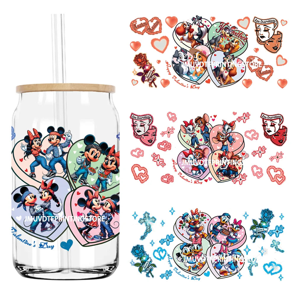 Chicano Cartoon Mouses Couple Valentine 16OZ UV DTF Cup Wrap Transfers Stickers Custom DIY Waterproof Logo For Libbey Glass Can